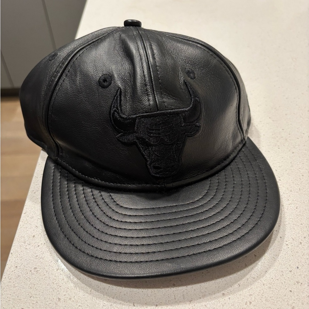 New Era Black Leather Cap with Bull Logo (NWT)